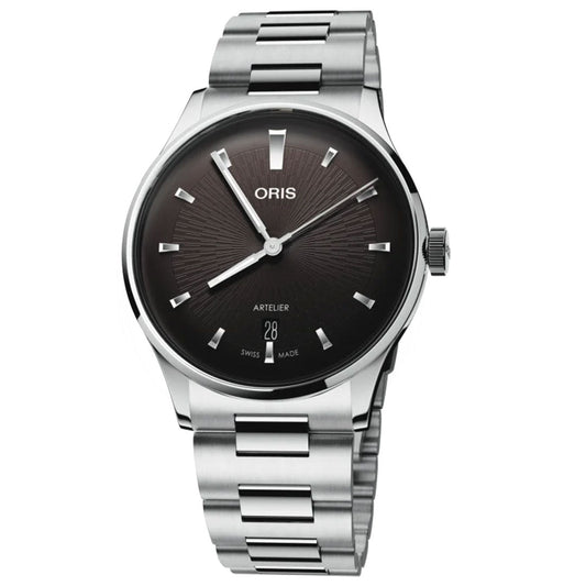The ORIS Artelier Date Calibre 733-1 Automatic 38mm Watch features a black sunburst dial, silver markers and hands, date at 6 o’clock, and a polished stainless steel bracelet. Swiss Made mechanical elegance by ORIS.