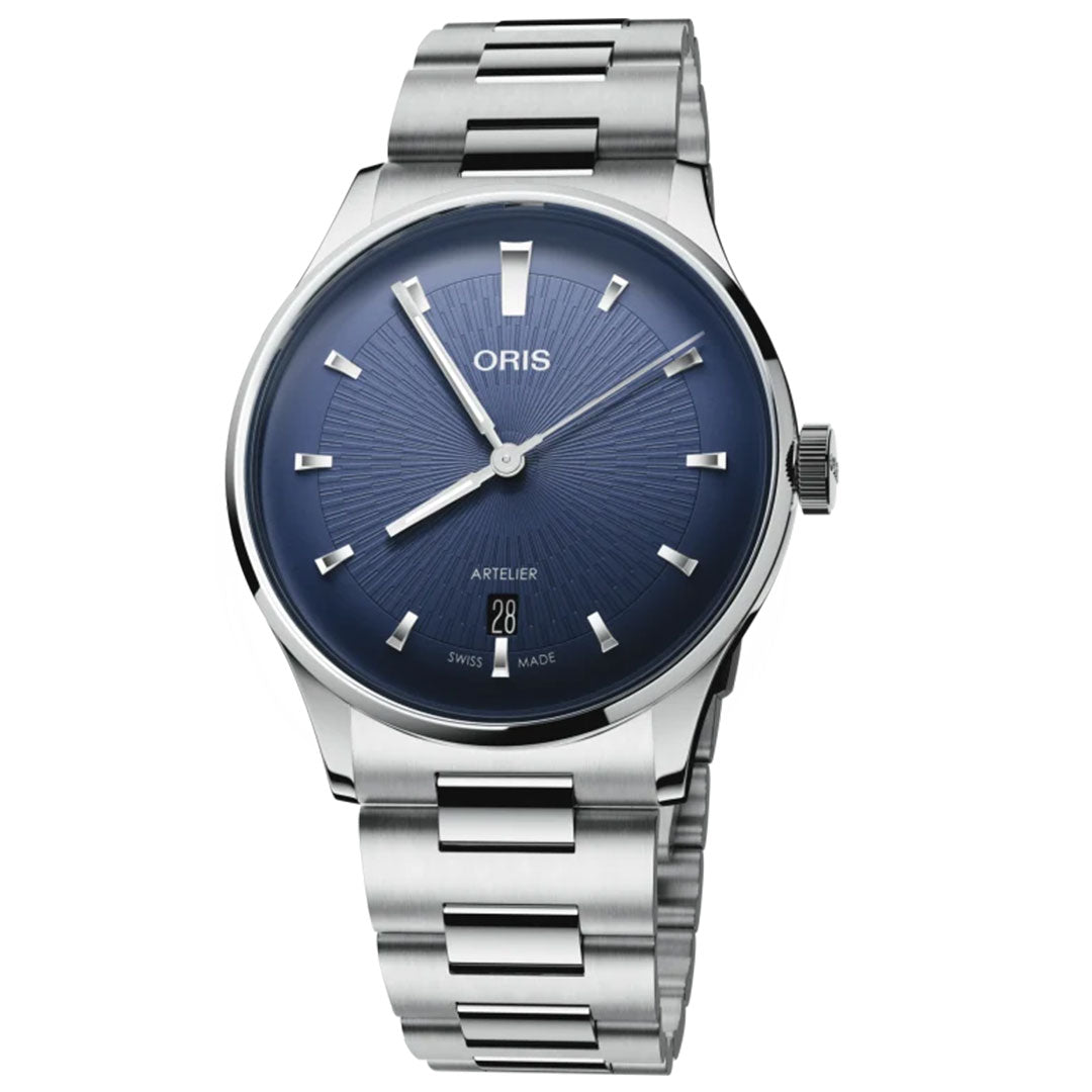 The ORIS Artelier Date Calibre 733-1 Automatic 38mm watch features a stainless steel case and band, deep blue sunburst dial, silver markers and hands, Swiss Made quality, and a date display at 6 o’clock.
