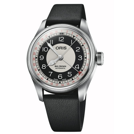 The ORIS Big Crown Pointer Date Bullseye Automatic 38mm Watch features a black leather strap, grey and black dial with Arabic numerals, red date markings on the outer ring, fluted silver bezel with textured edge, and signature branding.