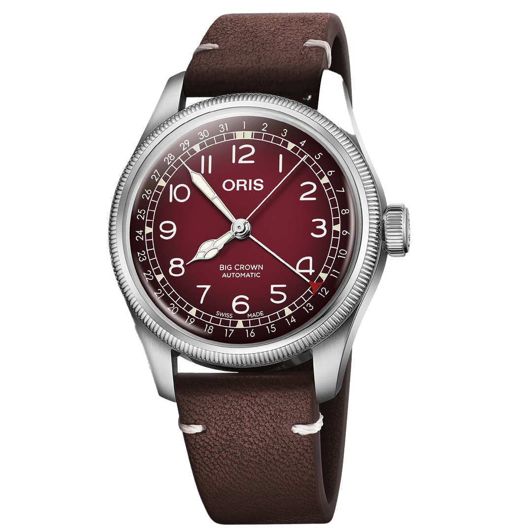 ORIS Big Crown X Cervo Volante Calibre 754-1 Automatic Winding 40mm Watch with a burgundy dial, Arabic numerals, a date pointer hand, and a brown deer leather strap.