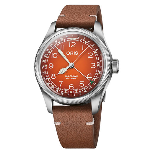 The ORIS Big Crown X Cervo Volante Automatic Winding 40mm watch features a silver case, orange dial with white numerals, brown deer leather strap, and "Oris Big Crown Automatic" on the face, showcasing its Swiss Made automatic movement.