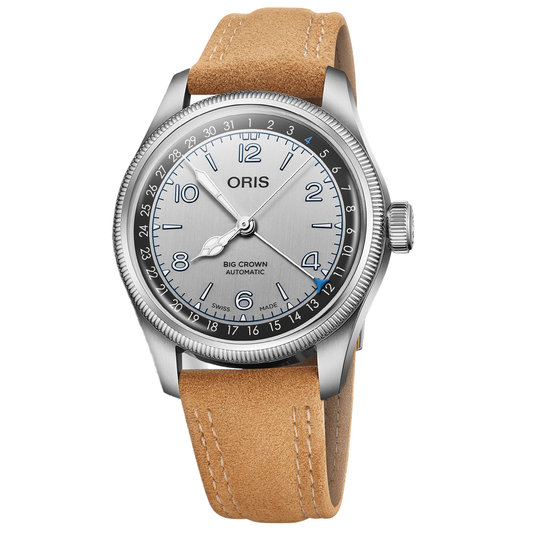 ORIS Big Crown Lou Gehrig Limited Edition Calibre 754-1 Automatic Winding 40mm Watch with a silver dial, pointer date hand, numerals, and a tan suede strap.