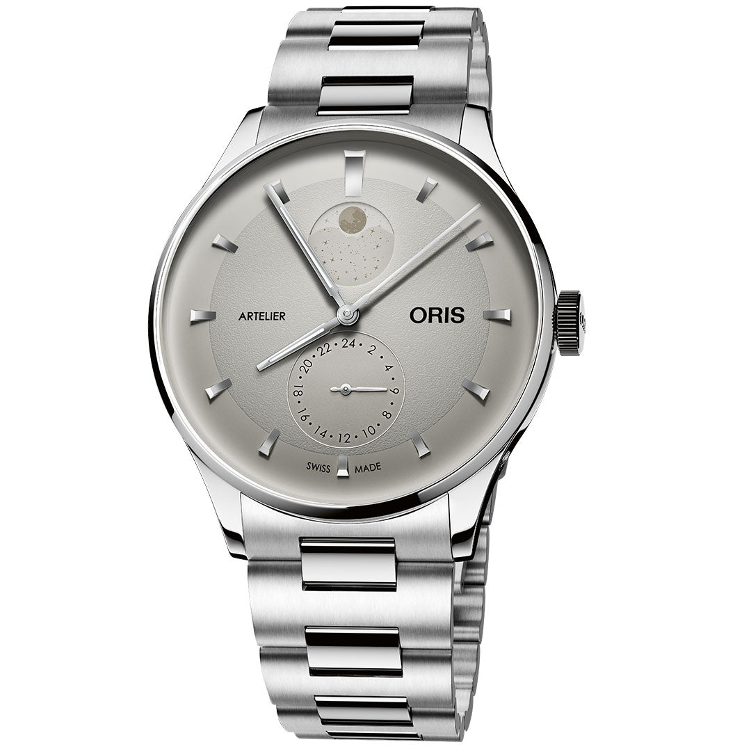 The ORIS Artelier Complication Calibre 782 Automatic 39.5mm Watch features a silver-tone case, metal bracelet, grey dial with minimal markers, moon phase at 12 o'clock, and subdial at 6 o'clock.