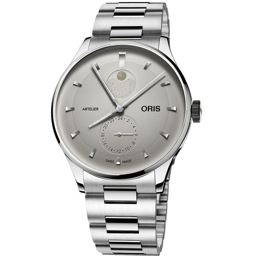The ORIS Artelier Complication Calibre 782 Automatic 39.5mm Watch features a silver-tone case, metal bracelet, grey dial with minimal markers, moon phase at 12 o'clock, and subdial at 6 o'clock.