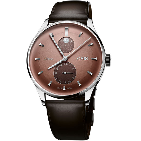 The ORIS Artelier Complication Calibre 782 Automatic 39.5mm Watch features a brown leather strap, metallic brown dial with silver hour markers, moon phase at 12 o'clock, and date subdial at 6 o'clock.