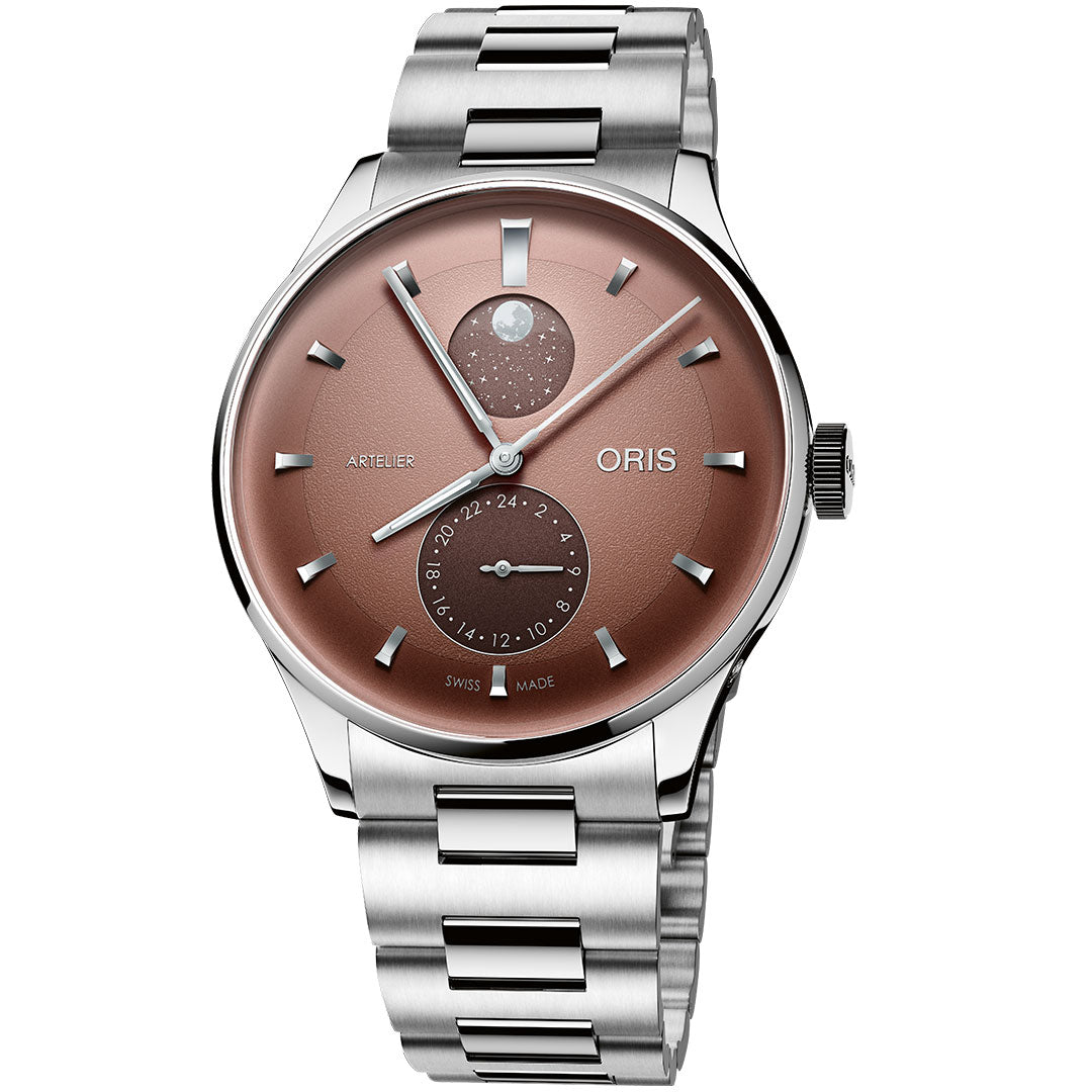 The ORIS Artelier Complication Calibre 782 Automatic 39.5mm Watch features a brown dial, stainless steel case and bracelet, moon phase indicator at 12 o’clock, and a 24-hour subdial at 6 o’clock.