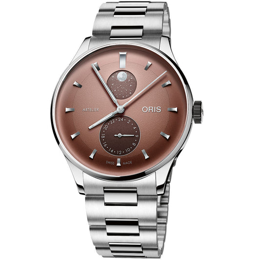 The ORIS Artelier Complication Calibre 782 Automatic 39.5mm Watch features a brown dial, stainless steel case and bracelet, moon phase indicator at 12 o’clock, and a 24-hour subdial at 6 o’clock.