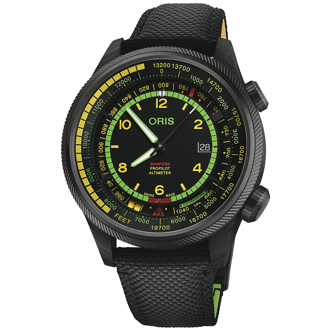 The ORIS ProPilot X BWD Limited Edition is a 47mm automatic watch with a black case, black fabric strap, yellow and green dial accents, and altitude markers in feet and meters—a bold collector's piece.