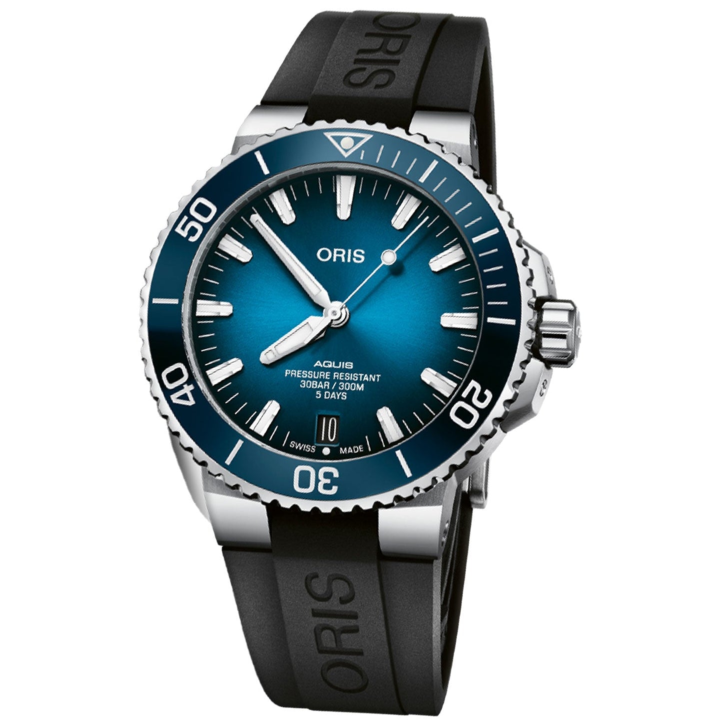 The ORIS Oris Aquis Date Calibre 400 Automatic Winding 43.5mm Watch boasts a stainless steel case and an eye-catching blue gradient dial with white hour markers. Equipped with a rotating bezel and complemented by a black rubber strap, this watch is water-resistant up to 300 meters, making it an ideal choice for diving enthusiasts.