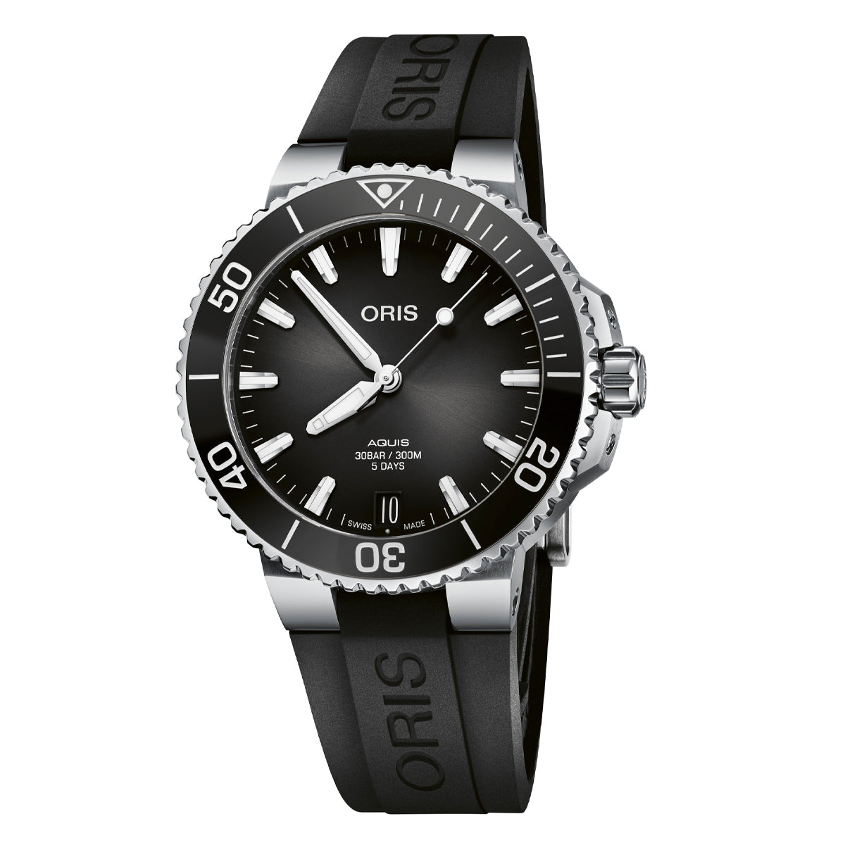 The Oris Aquis Date Calibre 400 Automatic Winding 41.5mm Watch by ORIS highlights a black dial and bezel complemented by white hour markers within a stainless steel case. Equipped with the Calibre 400 movement, this timepiece comes with a black rubber strap featuring the Oris logo embossing. It offers water resistance up to 300 meters and is set to display the time at 10:09.