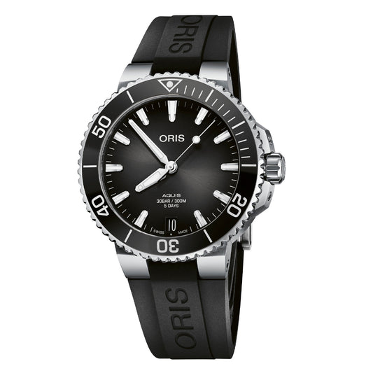 The Oris Aquis Date Calibre 400 Automatic Winding 41.5mm Watch by ORIS highlights a black dial and bezel complemented by white hour markers within a stainless steel case. Equipped with the Calibre 400 movement, this timepiece comes with a black rubber strap featuring the Oris logo embossing. It offers water resistance up to 300 meters and is set to display the time at 10:09.