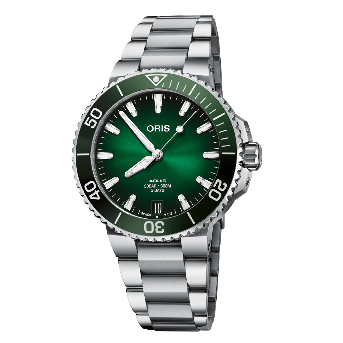 The ORIS Aquis Date Calibre 400 Automatic Winding 41.5mm Watch is an automatic mechanical timepiece that boasts a stainless steel bracelet and a captivating green dial and bezel. It features silver hands and indices, offers water resistance up to 300 meters, and is driven by the reliable Calibre 400 movement for precision and durability.