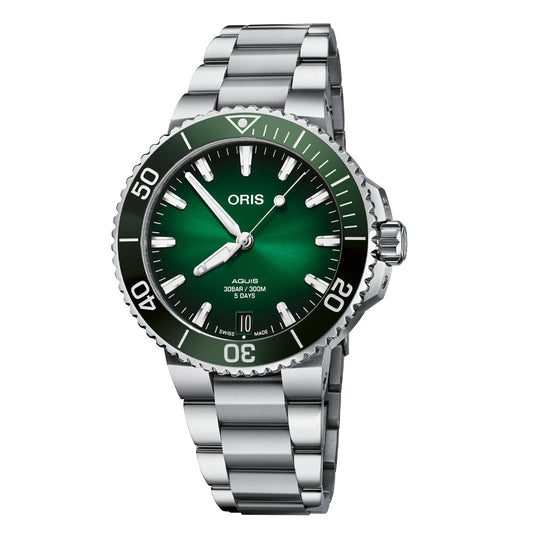 The ORIS Aquis Date Calibre 400 Automatic Winding 41.5mm Watch is an automatic mechanical timepiece that boasts a stainless steel bracelet and a captivating green dial and bezel. It features silver hands and indices, offers water resistance up to 300 meters, and is driven by the reliable Calibre 400 movement for precision and durability.