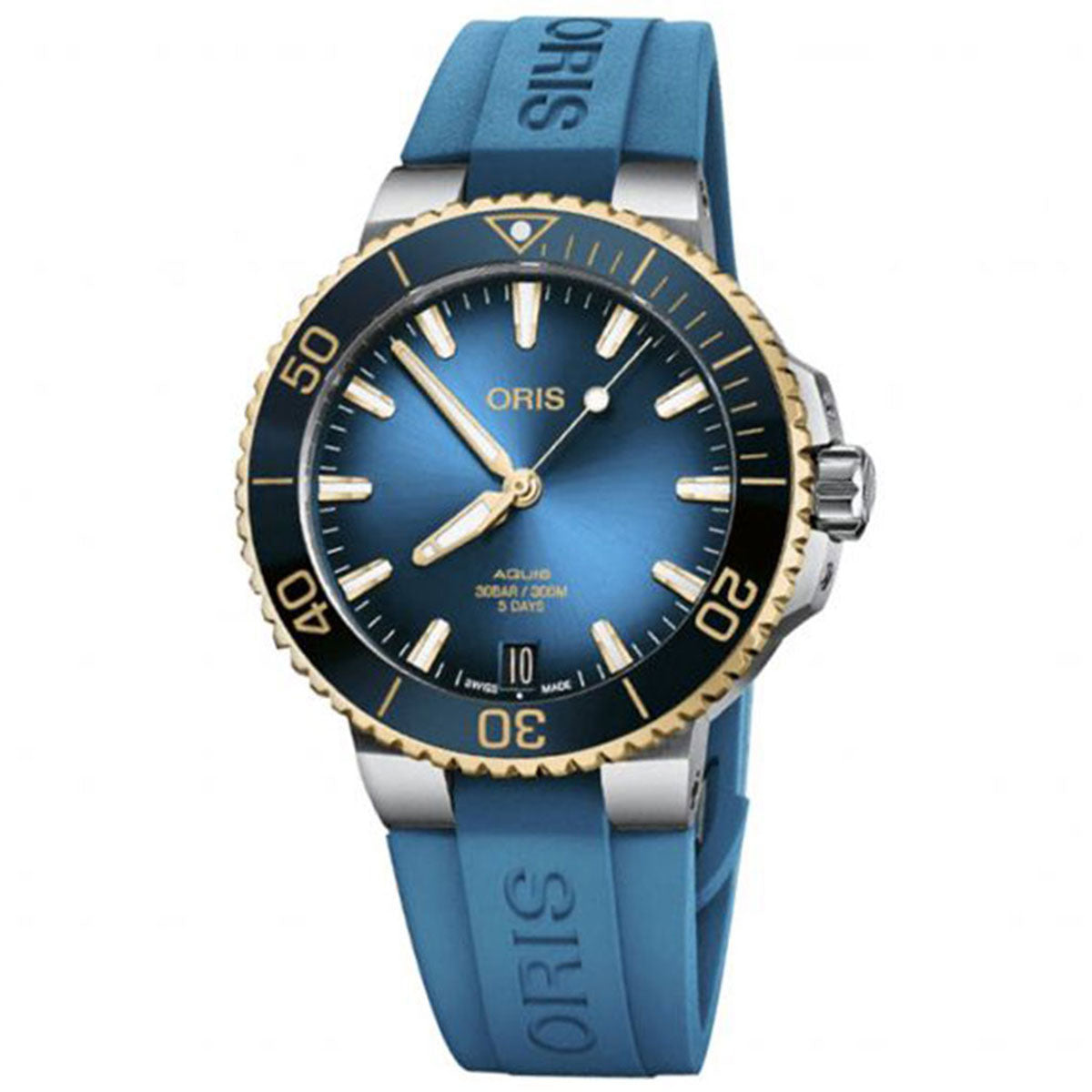 The ORIS Aquis Date Calibre 400 Automatic Winding 41.5mm Watch is a high-end timepiece featuring a captivating blue and gold design. It boasts a round dial with a blue face, complemented by gold and white markers along with gold hands. With its numbered bezel and water resistance of up to 300 meters, this watch exemplifies the craftsmanship of the esteemed Swiss brand ORIS.