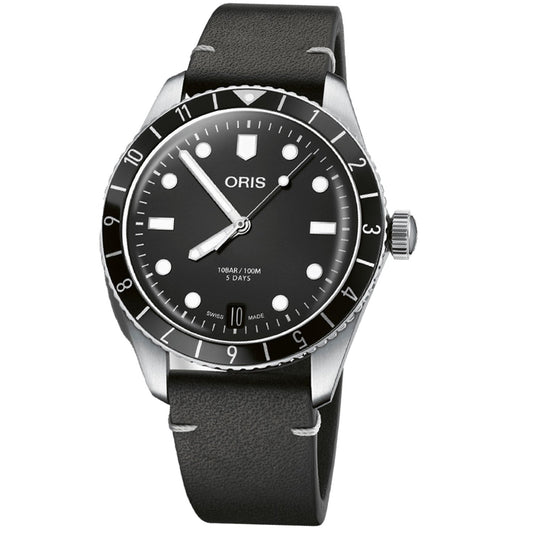 The Oris Divers Sixty-Five 12H Calibre 400 Automatic Winding 40mm Watch combines a sleek black and silver design with a round dial featuring white hour markers and bold ORIS branding. It boasts an automatic movement, a black leather strap, and a bezel marked with minute indicators. The watch face prominently displays the Oris Calibre 400, noting "5 DAYS" at the bottom.