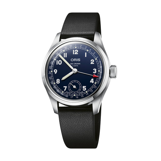 The Oris Big Crown Pointer Date Calibre 403 Automatic Winding 38mm Watch showcases a black leather strap and an elegant black dial. It includes white Arabic numerals, a date pointer, and a small seconds subdial, all encased in stainless steel. The brand name "ORIS" is prominently displayed below the 12 o'clock position.