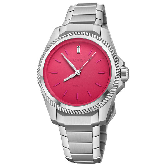 The ORIS ProPilot X Miss Piggy Edition Automatic 34mm features a stainless steel case, bright pink dial, silver markers and hands, ridged bezel, date at 6 o’clock, and metal bracelet—a stylish statement for fans of Miss Piggy.