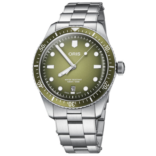 The Oris Divers Sixty-Five Date Automatic 40mm watch features a stainless steel case, green dial with bezel, hour markers, a date window at 6 o'clock, and the "Oris" branding. Its numerically marked bezel is perfect for diving, complemented by an elegant linked bracelet.