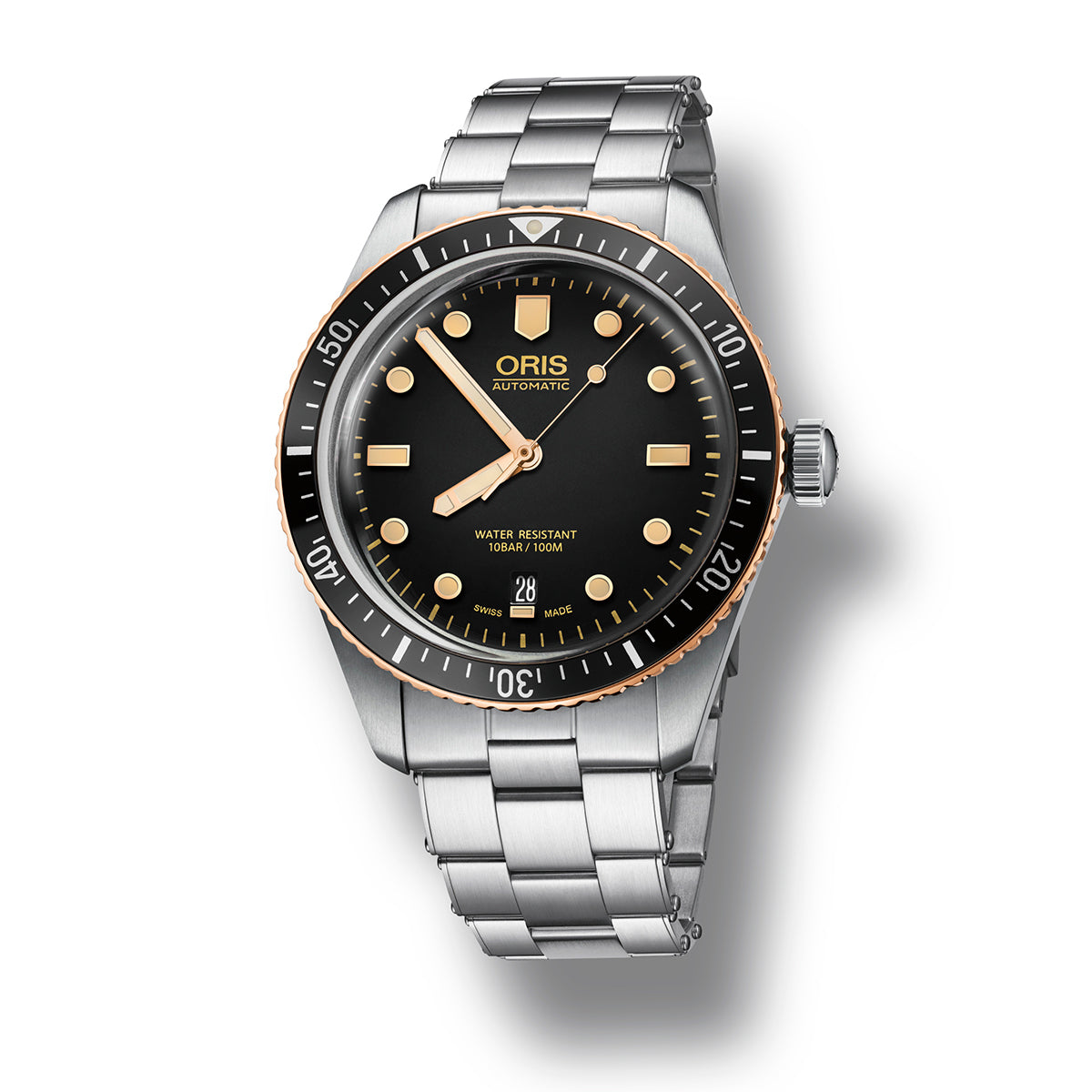 The ORIS Oris Divers Sixty-Five Automatic Winding 40mm Watch is a sleek silver timepiece featuring a black dial with gold accents on the bezel. It includes bold hour markers, a date display, and comes with a stainless steel bracelet, offering water resistance up to 100 meters for versatile wear.