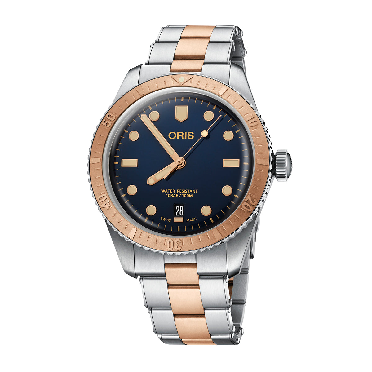 This Oris Divers Sixty-Five Automatic Winding 40mm Watch is a luxury timepiece featuring a blue dial with gold-toned hour markers. It includes a two-tone silver and rose gold metal band crafted from stainless steel. The watch face, marked with "Oris," displays the date and is water-resistant up to 100M/10BAR.