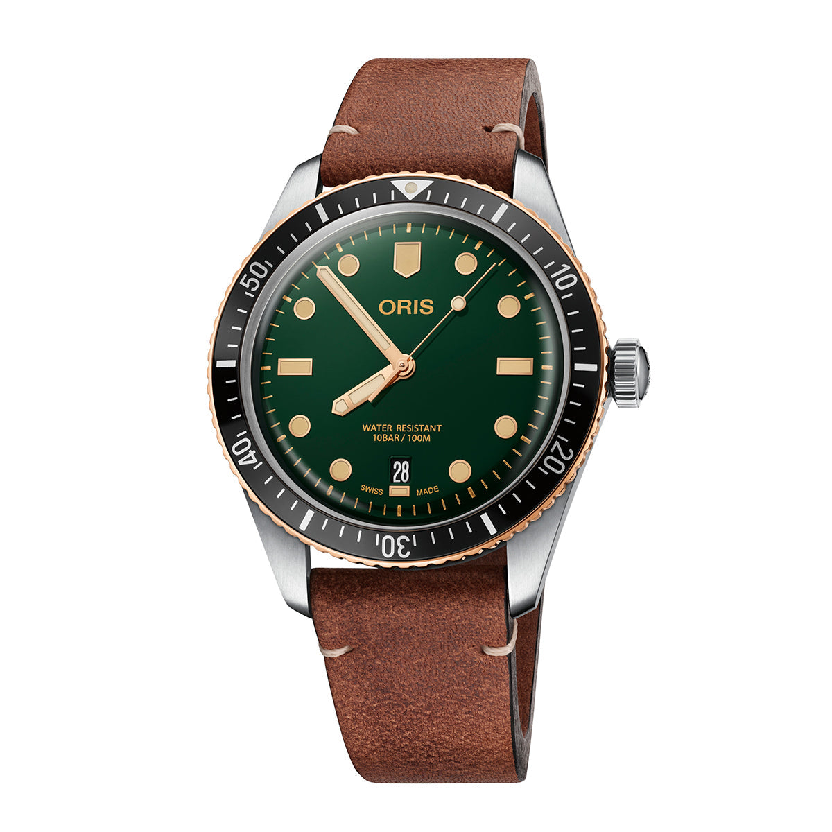 The Oris Divers Sixty-Five Automatic Winding 40mm Watch from ORIS features a brown leather strap paired with a round silver and gold stainless steel case. Its dark green dial is adorned with gold hour markers and hands, along with a date display at the 6 o'clock position. The watch is completed by a black bezel that includes a detailed minute scale.