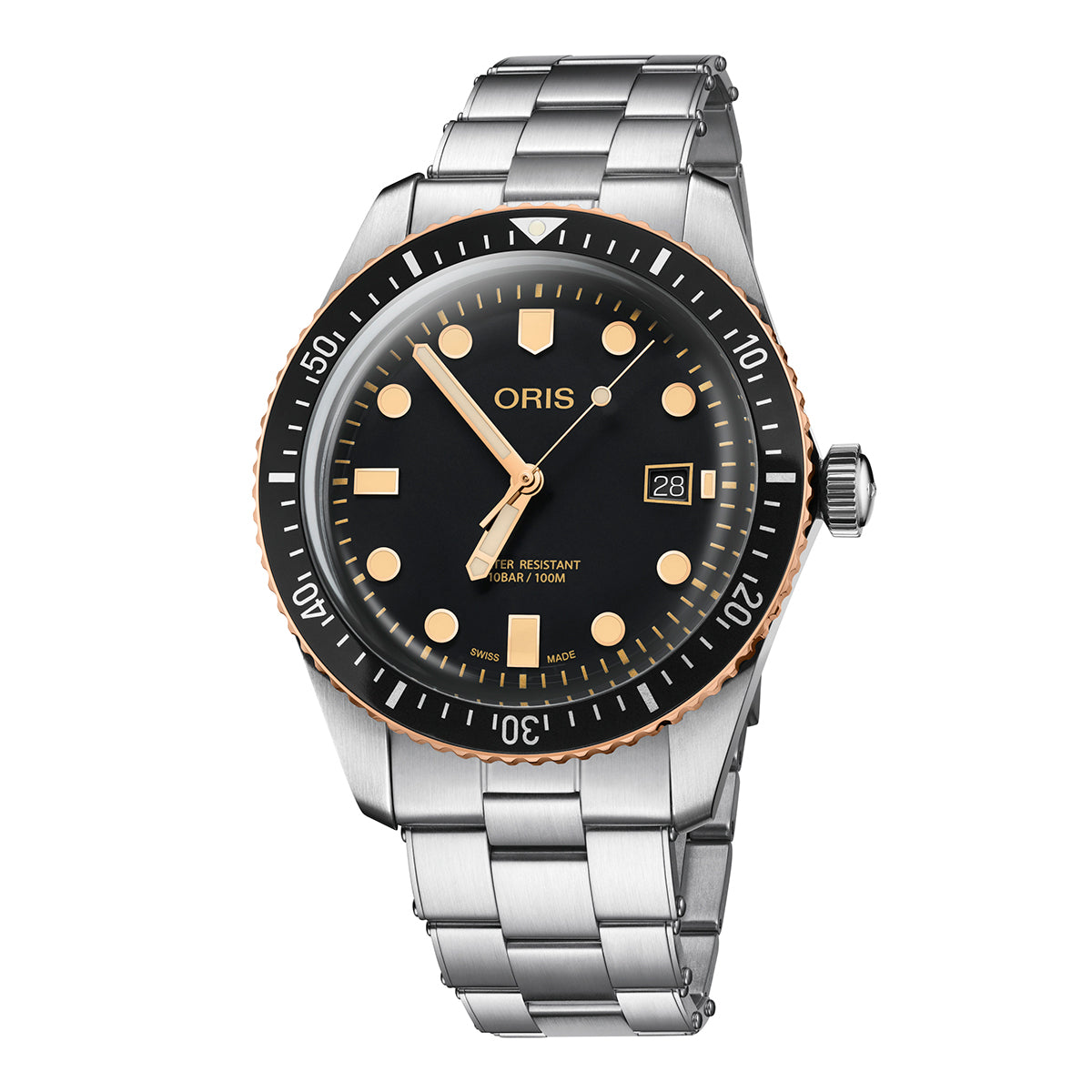 The Oris Divers Sixty-Five Automatic Winding 42mm Watch by ORIS features a black dial complemented by luminous hour markers and gold accents. It is crafted from silver stainless steel, includes a date window, and boasts a unidirectional bezel, with the "ORIS" brand name prominently displayed on the dial.