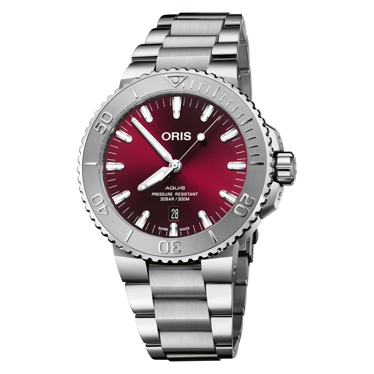 The Oris Aquis Date Relief Automatic Winding 43.5mm Watch by ORIS is a sleek stainless steel wristwatch that features a vibrant cherry dial accented with silver hour markers and hands. It includes a date display and a rotating bezel, with the "ORIS" logo prominently displayed on the dial.