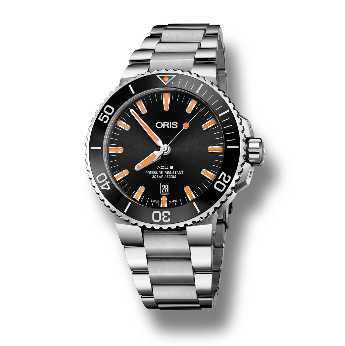 Introducing the Oris Aquis Date Automatic Winding 43.5mm Watch, a stainless steel timepiece from ORIS. This watch showcases a sophisticated black dial with vibrant orange markers and hands, complemented by a sleek black bezel adorned with white numerals. It features a convenient date display at the 6 o'clock position and offers excellent water resistance, making it both stylish and functional.