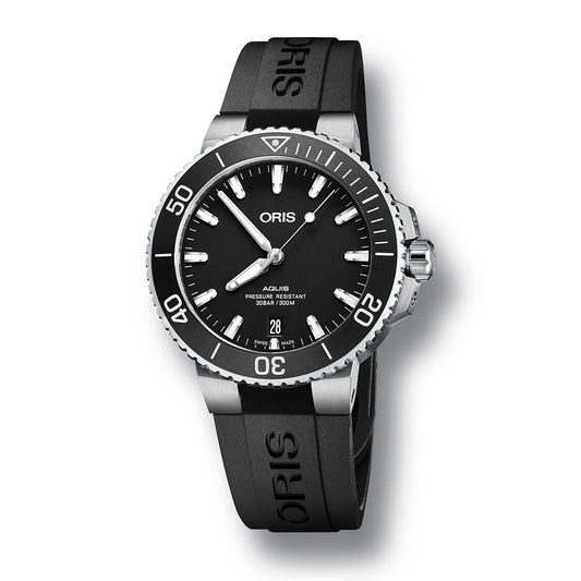 The Oris Aquis Date Automatic Winding 39.5mm Watch is an elegant black diving timepiece with a stainless steel case and a black rubber strap. It features a black dial with white hour markers, hands, and bezel numerals. The date is conveniently positioned at the 6 o'clock spot, and "ORIS" is embossed on the strap to enhance its sophistication.