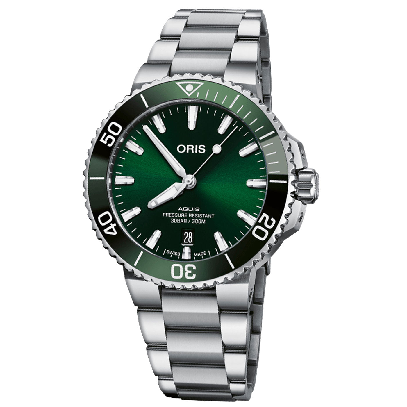 The Oris Aquis Date Automatic Winding 41.5mm Watch features a stainless steel wristband, a green face with white hour markers, and a date display at 6 o'clock. The watch bears the "ORIS" name on its dial and has a rotating bezel with minute markers. It offers water resistance up to 300 meters.