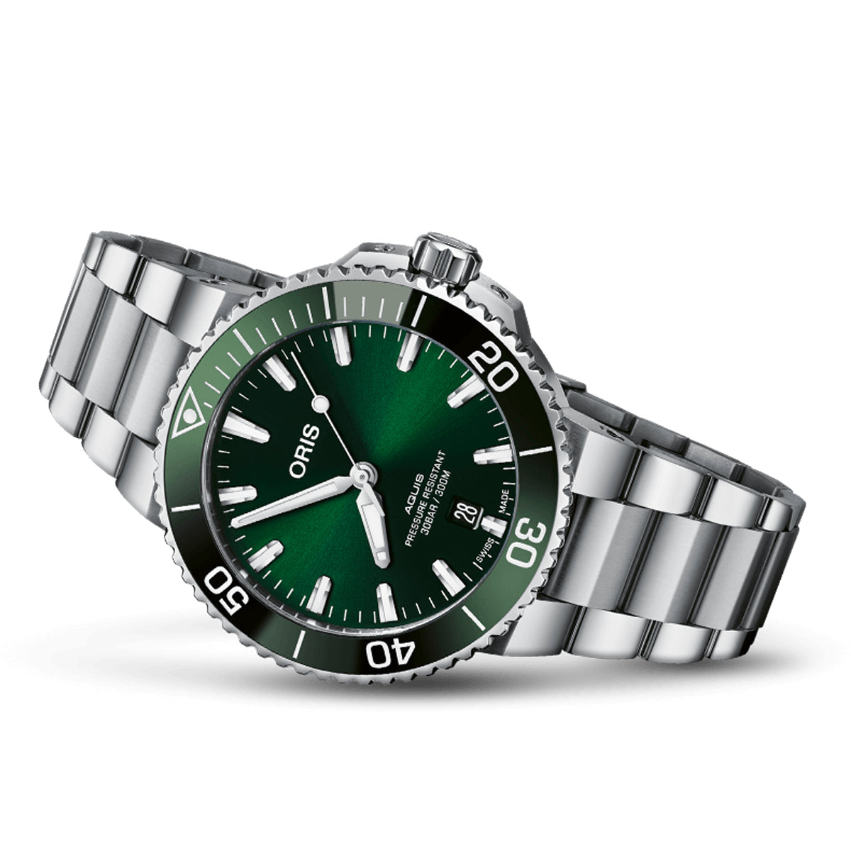 Presenting the Oris Aquis Date Automatic Winding 41.5mm Watch by ORIS: a sleek silver wristwatch featuring a metallic strap and a striking green dial accented by bold white hour markers and hands. This sophisticated watch includes a date display and a rotating bezel with minute indicators, perfect for diving enthusiasts.