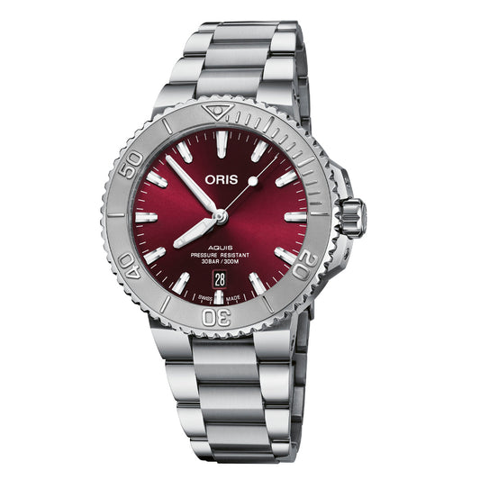 An Oris Aquis Date Relief Automatic Winding 41.5mm Watch crafted from silver stainless steel, featuring a deep red dial. It comes with a unidirectional rotating bezel, luminous hour markers, and hands. The date display is elegantly positioned at 6 o'clock, with the esteemed ORIS brand name prominently displayed below 12 o'clock.