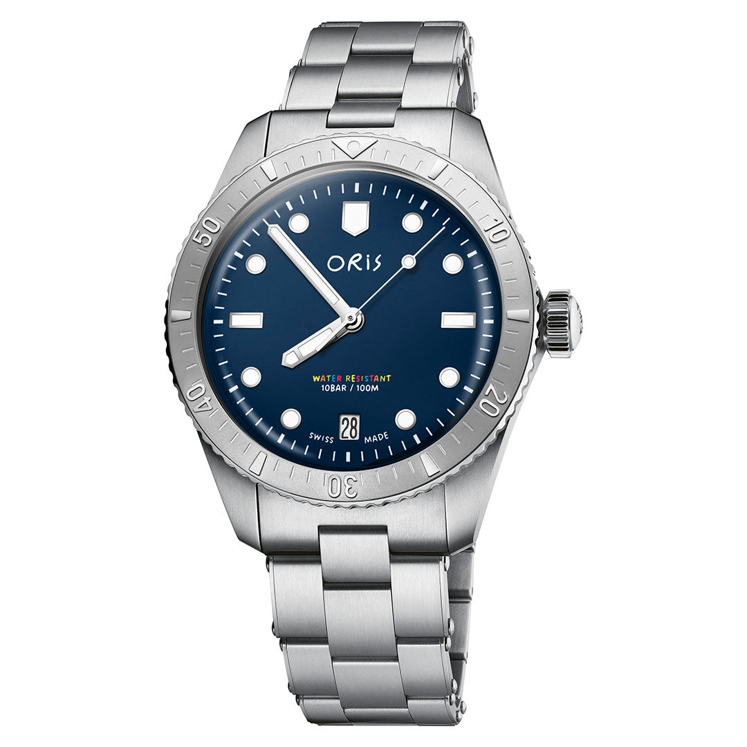 The ORIS Divers LFP Limited Edition Automatic 38mm Watch features a stainless steel case, blue dial, luminous markers, date at 6 o’clock, unidirectional bezel, and silver link bracelet. Inspired by the Ligue de Football Professionnel charity tournament.
