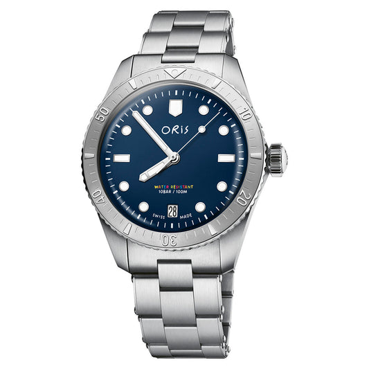 The ORIS Divers LFP Limited Edition Automatic 38mm Watch features a stainless steel case, blue dial, luminous markers, date at 6 o’clock, unidirectional bezel, and silver link bracelet. Inspired by the Ligue de Football Professionnel charity tournament.