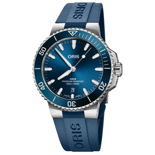 The ORIS Aquis Date Automatic Winding 41.5mm Watch boasts a blue bezel and strap, stainless steel case, bespoke typeface, white markers, date at 6 o’clock, and is water-resistant up to 300 meters.