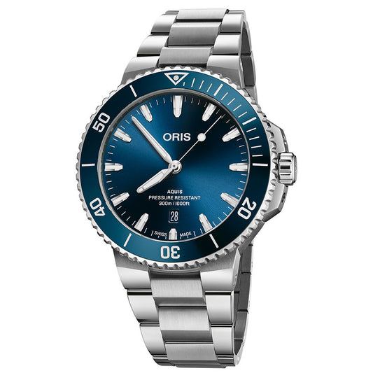 The ORIS Aquis Date Automatic Winding 43.5mm Watch features a stainless steel case, blue gradient dial with silver hour markers, unidirectional bezel, date at 6 o’clock, and 300m water resistance—ideal for adventure and daily wear.