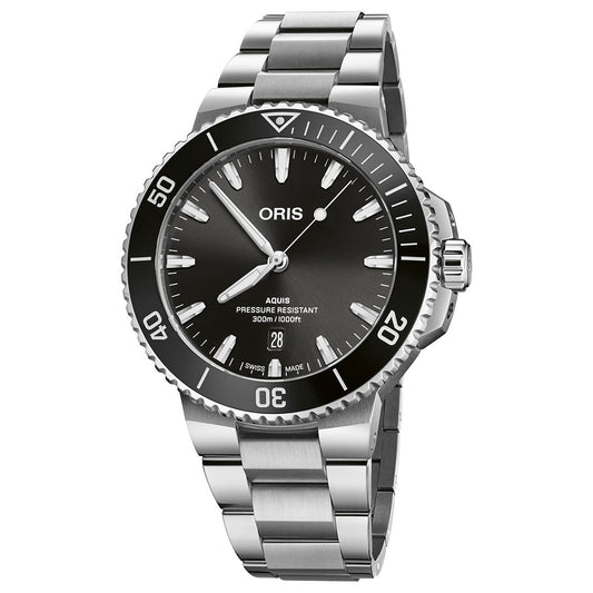 The Oris Aquis Date Automatic Winding 43.5mm Watch by ORIS is an exceptional sports timepiece, boasting a black dial with luminous hour markers, a date display, and a unidirectional rotating bezel. Its stainless steel bracelet and impressive water resistance of up to 300 meters or 1000 feet make it perfect for aquatic adventures.