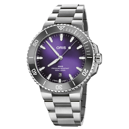 The ORIS Aquis Date Taste of Summer Automatic 41mm features a violet gradient dial, silver hour markers, a date window at 6 o’clock, and a rotating bezel, all in stainless steel and shown at a slight angle.