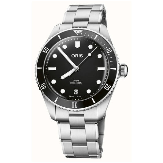 The Oris Divers Date Automatic Winding 39mm Watch by ORIS features a stainless steel build, sleek black dial with luminous markers, date window at 6 o'clock, ceramic unidirectional rotating bezel, Swiss Made automatic movement, and silver bracelet.