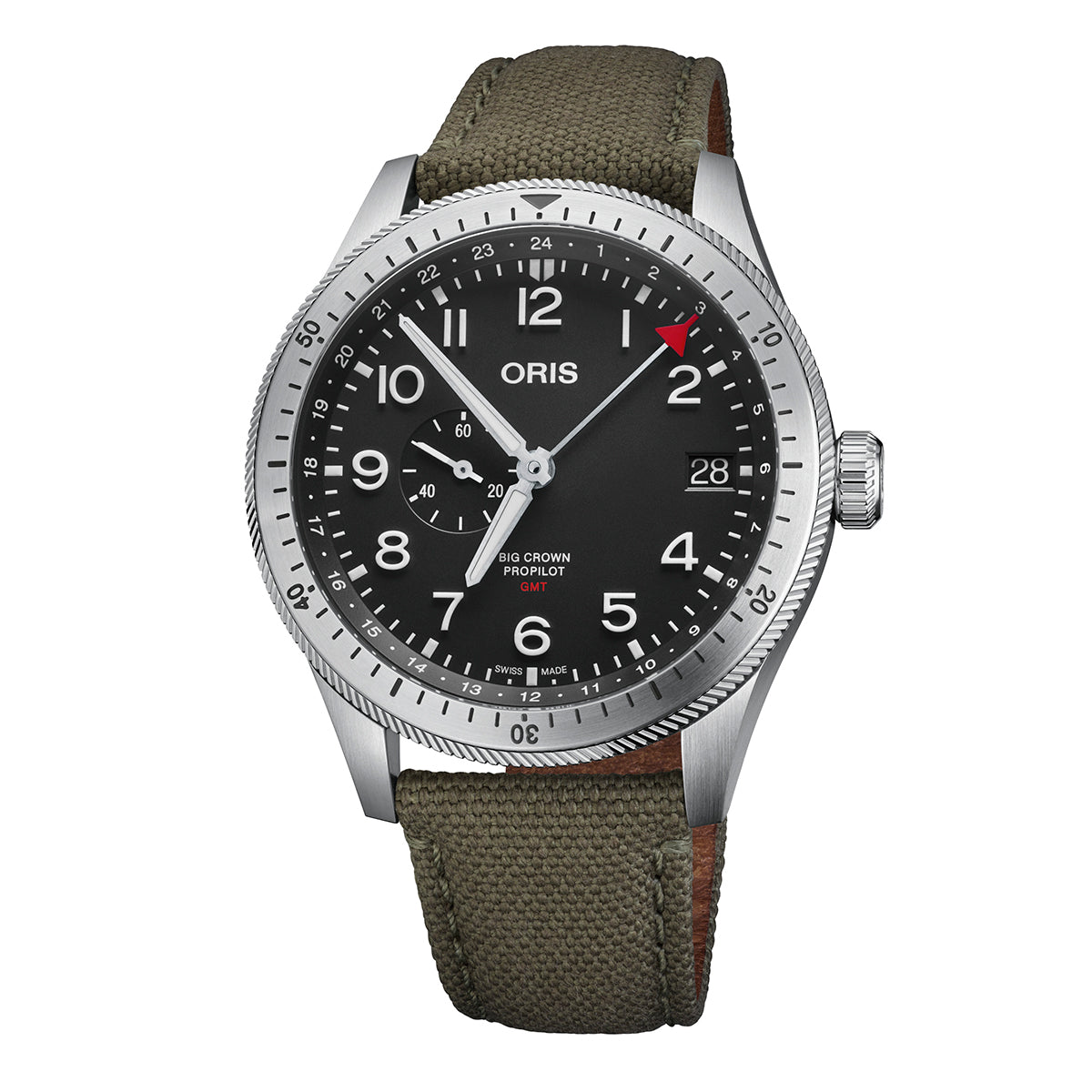 The ORIS Big Crown ProPilot Timer GMT Automatic Winding 44mm Watch is a sophisticated silver and black timepiece featuring a stainless steel case with a fabric strap. The dial includes white numerals, a date indicator at 3 o'clock, an additional red 24-hour GMT hand, and prominently showcases the "ORIS" brand name below the 12 o'clock mark.