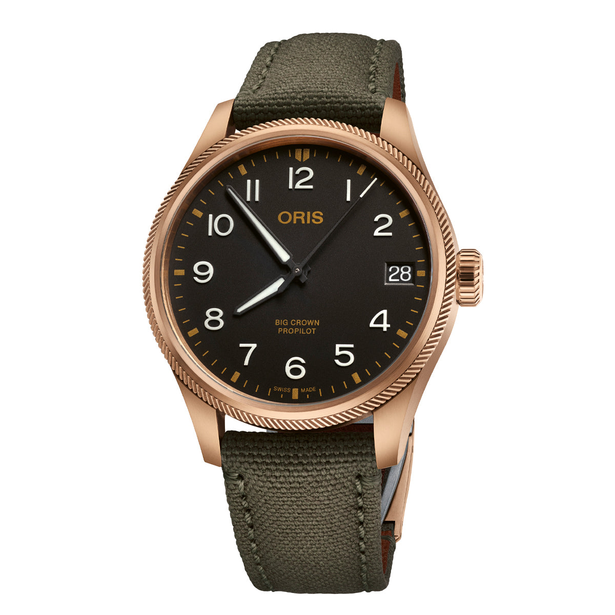 The ORIS Big Crown ProPilot Big Date Bronze Automatic Winding 41mm Watch is a fashionable timepiece with a bronze stainless steel case and a black textile strap. Its black dial features white numerals, sword-shaped hands, and a date display at the 3 o'clock position. The watch prominently displays "ORIS" and "Big Crown ProPilot.