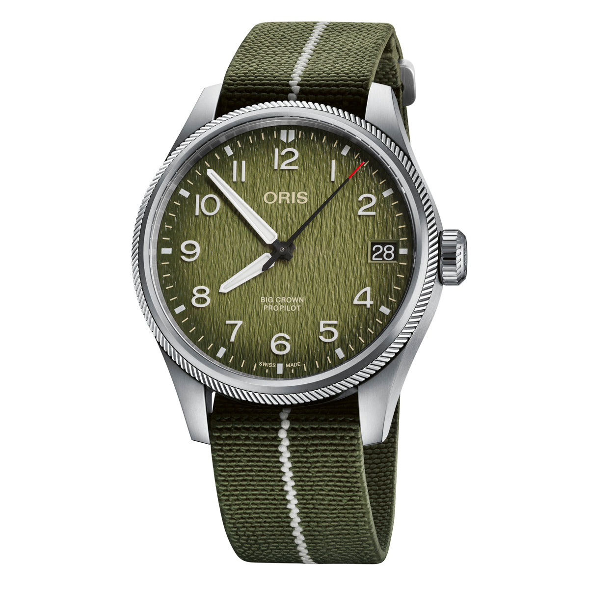 The ORIS Propilot Automatic Winding 41mm Watch, part of the limited edition Okavango Air Rescue series with only 2,011 pieces available, features a green textured face with large white numerals and a date window at 3 o'clock. It is equipped with a stainless steel case and comes with a green textile strap featuring a white stripe, complemented by a prominent crown on the side.