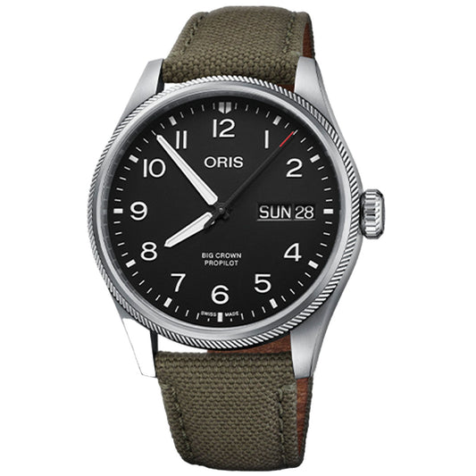 The Oris Big Crown ProPilot Day Date Automatic Winding 44mm Watch, by ORIS, features a stainless steel case encircling its black dial. It displays white numerals and hour markers, enhanced by silver hour and minute hands. A date window shows "Sun 28." The watch is styled with a textured bezel and complemented by an olive green textile strap.