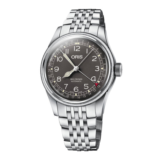 The Oris Big Crown Pointer Date Automatic Winding 40mm Watch is a stainless steel wristwatch featuring a polished bezel and bracelet. Its dark grey dial displays white Arabic numerals, a date indicator, and the "ORIS" brand name elegantly placed under the 12 o'clock position, highlighting its signature Pointer Date design.