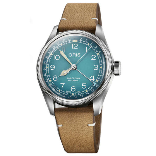 The Oris Big Crown X Cervo Volante 38mm watch from ORIS showcases a teal dial with white numerals and "Big Crown Automatic," complemented by three hands. It features a sustainably sourced brown deer leather strap and elegant fluted bezel. Part of the Big Crown Pointer Date collection.