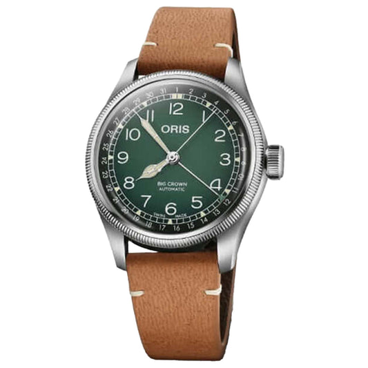 The Oris Big Crown X Cervo Volante Automatic Winding 38mm Watch combines a silver and green design with a sustainably sourced deer leather strap. It features a green dial, white numerals, hands, and textured bezel. "Big Crown Automatic" is printed below the ORIS brand name, reflecting Swiss Alps' timeless charm.