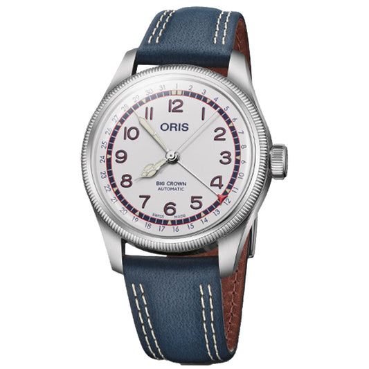 The Oris Big Crown Hank Aaron Limited Edition from ORIS is a 40mm automatic watch featuring a white dial with bold black numbers, a blue leather strap with white stitching, and a silver case. It celebrates the Baseball Hall-of-Famer's legacy with an outer ring accented in red for additional time display.