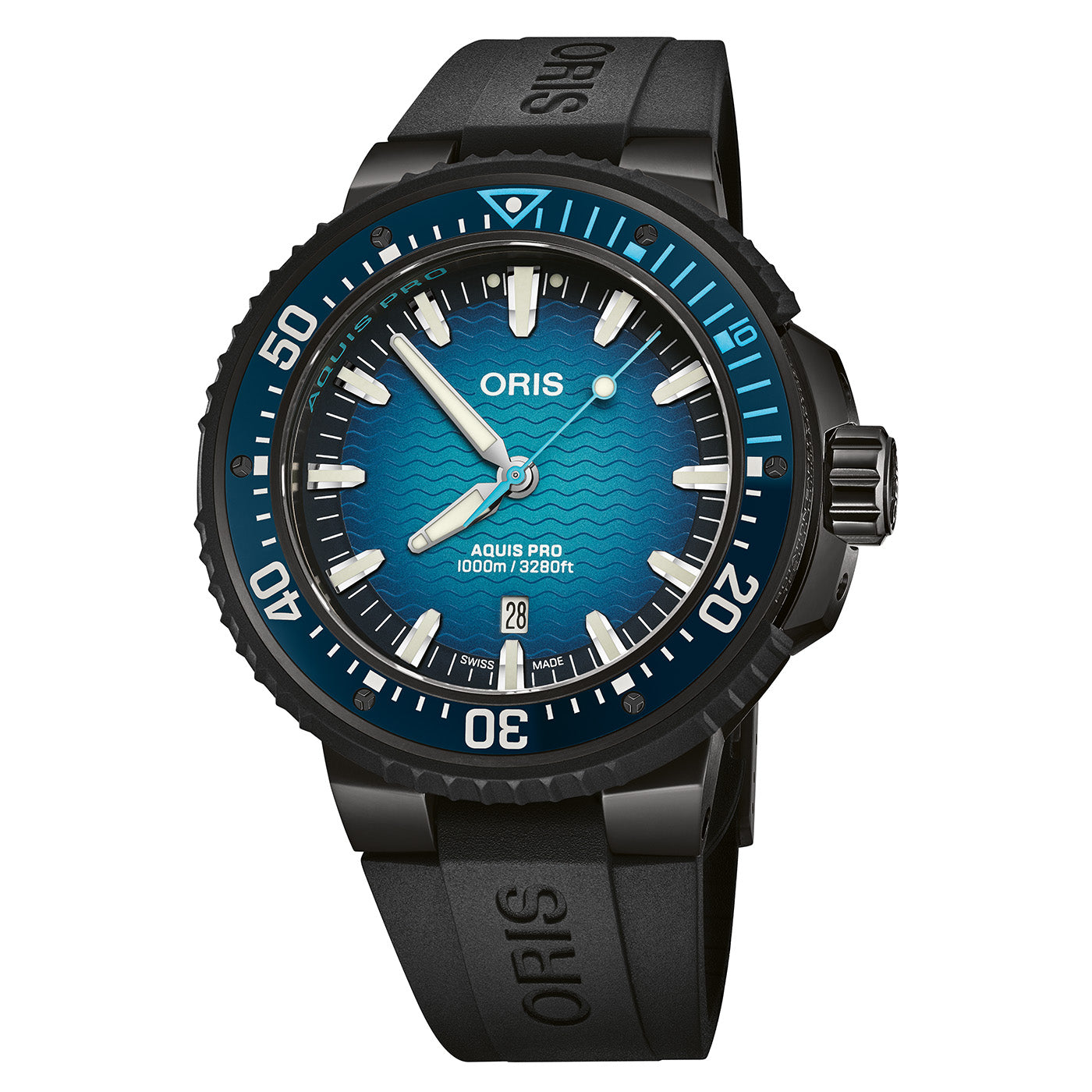 The ORIS Aquis Pro 1000m Automatic Winding 49.5mm watch features a blue wave-pattern dial, bold white markers, black bezel, and black rubber strap, with date at 6 o’clock and 1000m water resistance.