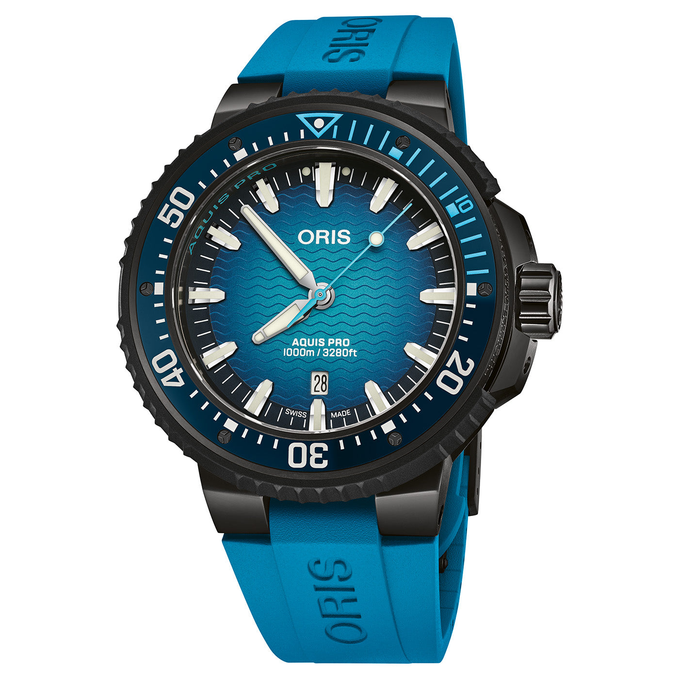 The ORIS Aquis Pro 1000m Automatic Winding 49.5mm Watch features a titanium case, blue wave-pattern dial, bold luminous markers, black rotating bezel, blue rubber strap, 1000m water resistance, and date display at 6 o’clock.