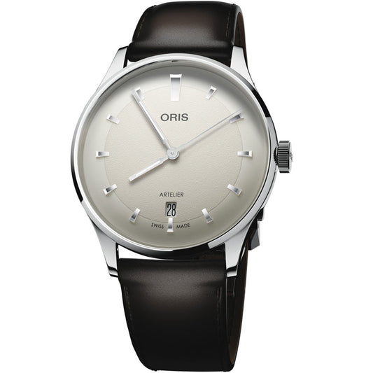 The ORIS Artelier Date Calibre 733-1 Automatic 38mm Watch features a cream dial with silver markers, date at 6 o’clock, black leather strap, and a polished silver case. The dial displays “Oris” and “Artelier.”.